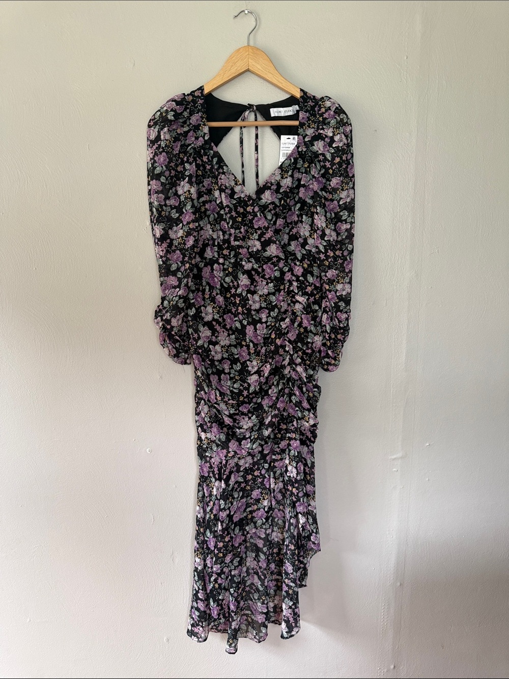 NWT Floret Studios Black Floral Long-Sleeve Midi Dress with Lavender Print small